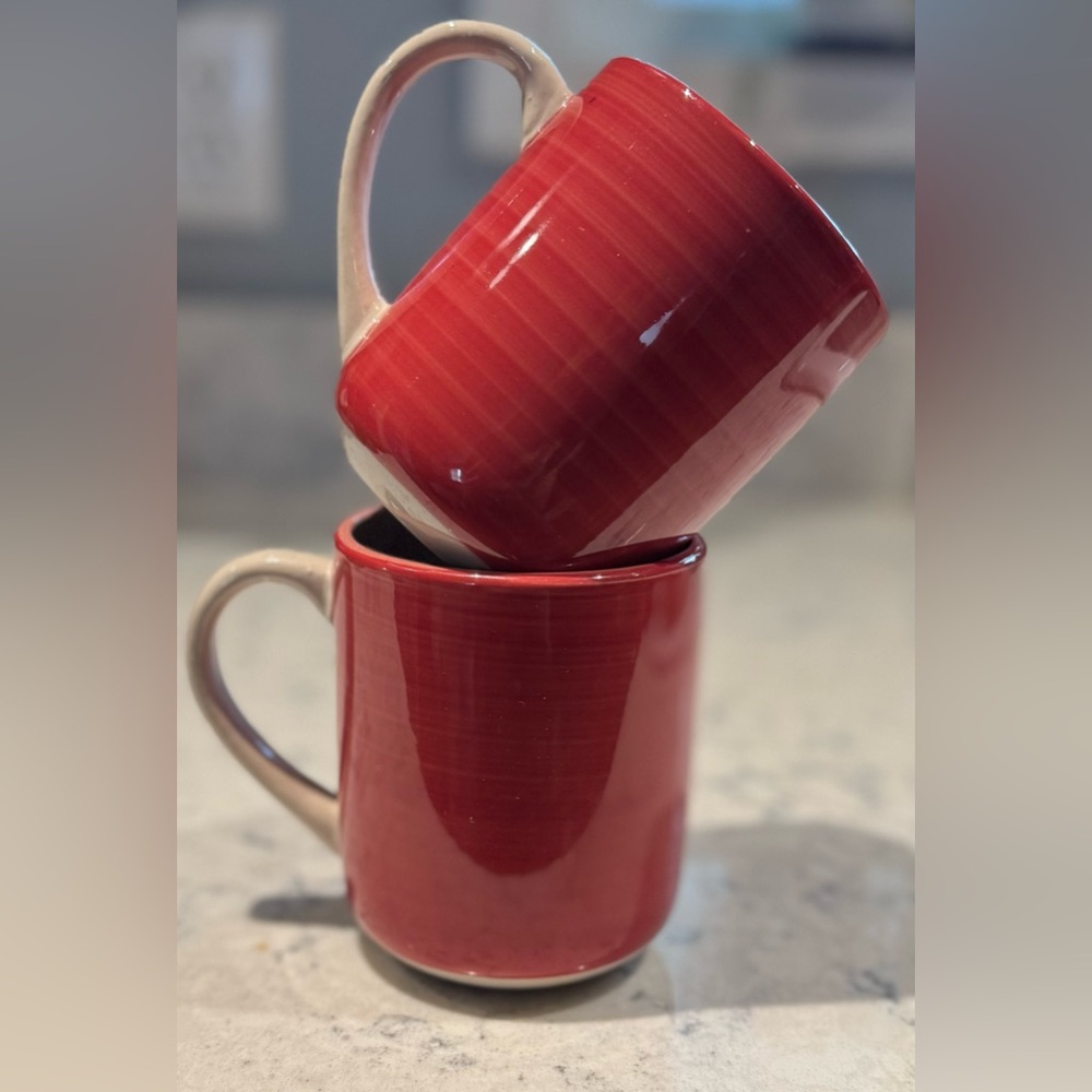 Glossy Red & cream Ceramic Coffee Cups - Set of 2, Today’s Home, in EUC